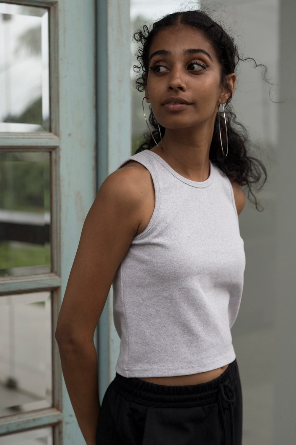 White melange rib tank top
