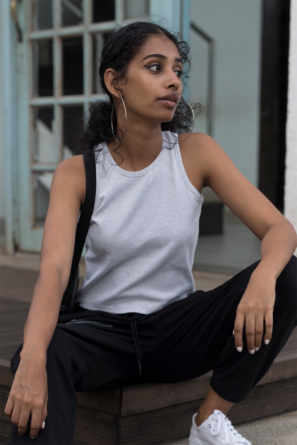 White melange rib tank top