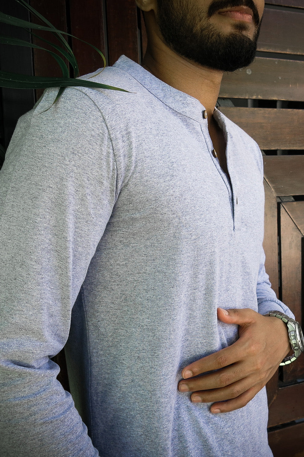 Blue Melange Henley (Slim Fit)